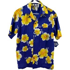 Hilo Hattie Hawaiian Shirt Aloha Camp Button Down Hibiscus Blue Yellow M NWT